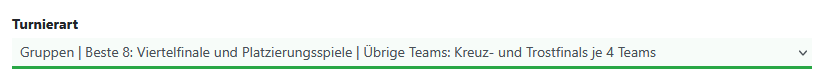 Kategorie-Einstellungen: Turniertyp Gruppen | Beste 8: Viertelfinale und Platzierungsspiele | &Uuml;brige Teams: Kreuz- und Trostfinals je 4 Teams w&auml;hlen