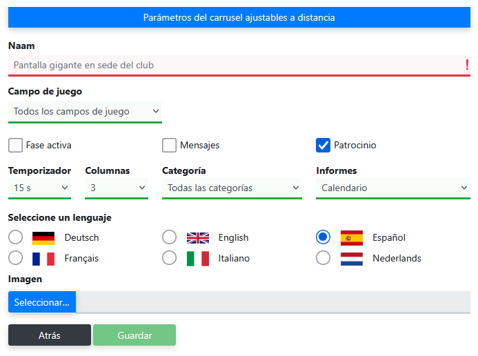 Pantalla de configuración parámetros de carrusel pantalla de presentación