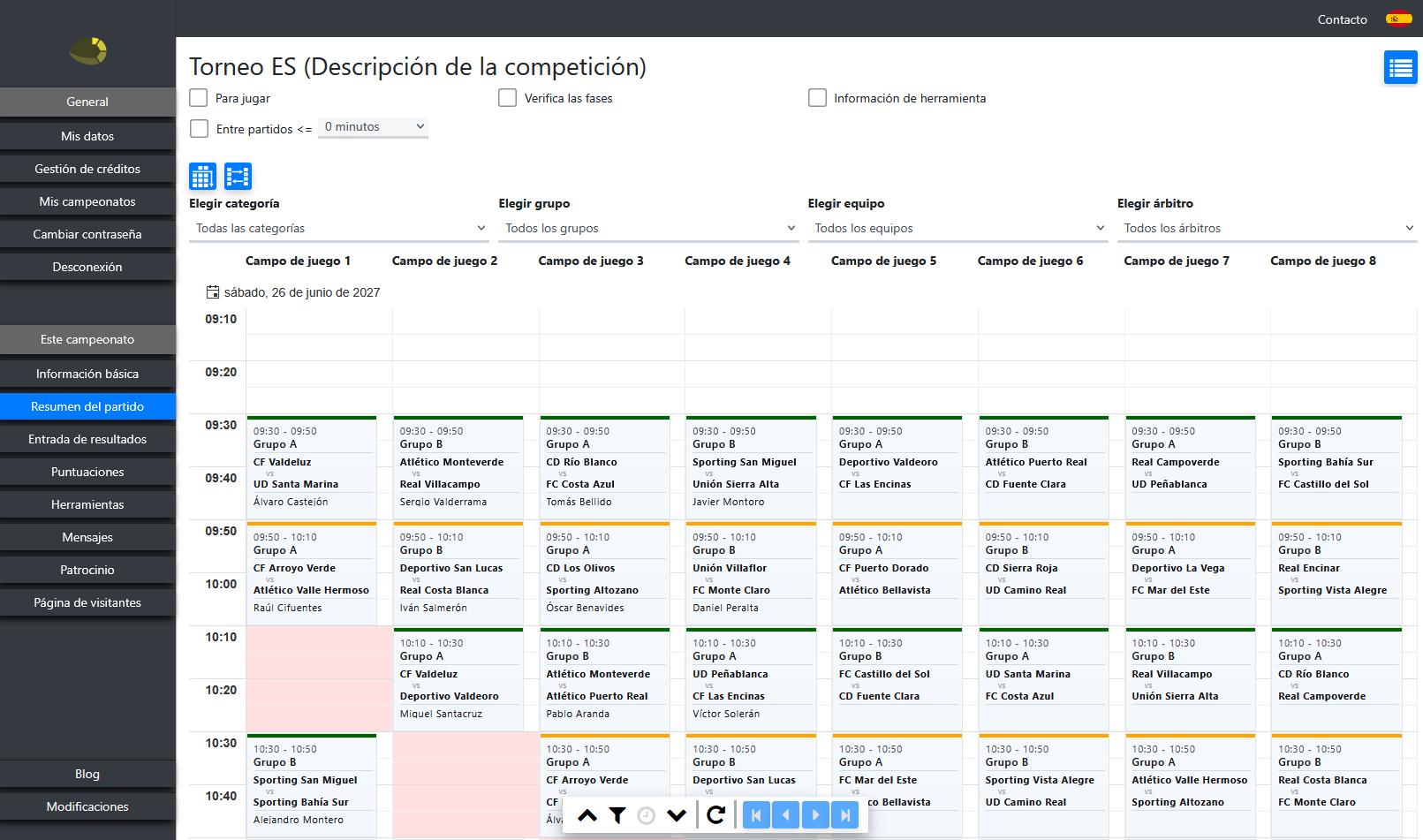 Resumen de partidos por día y campo